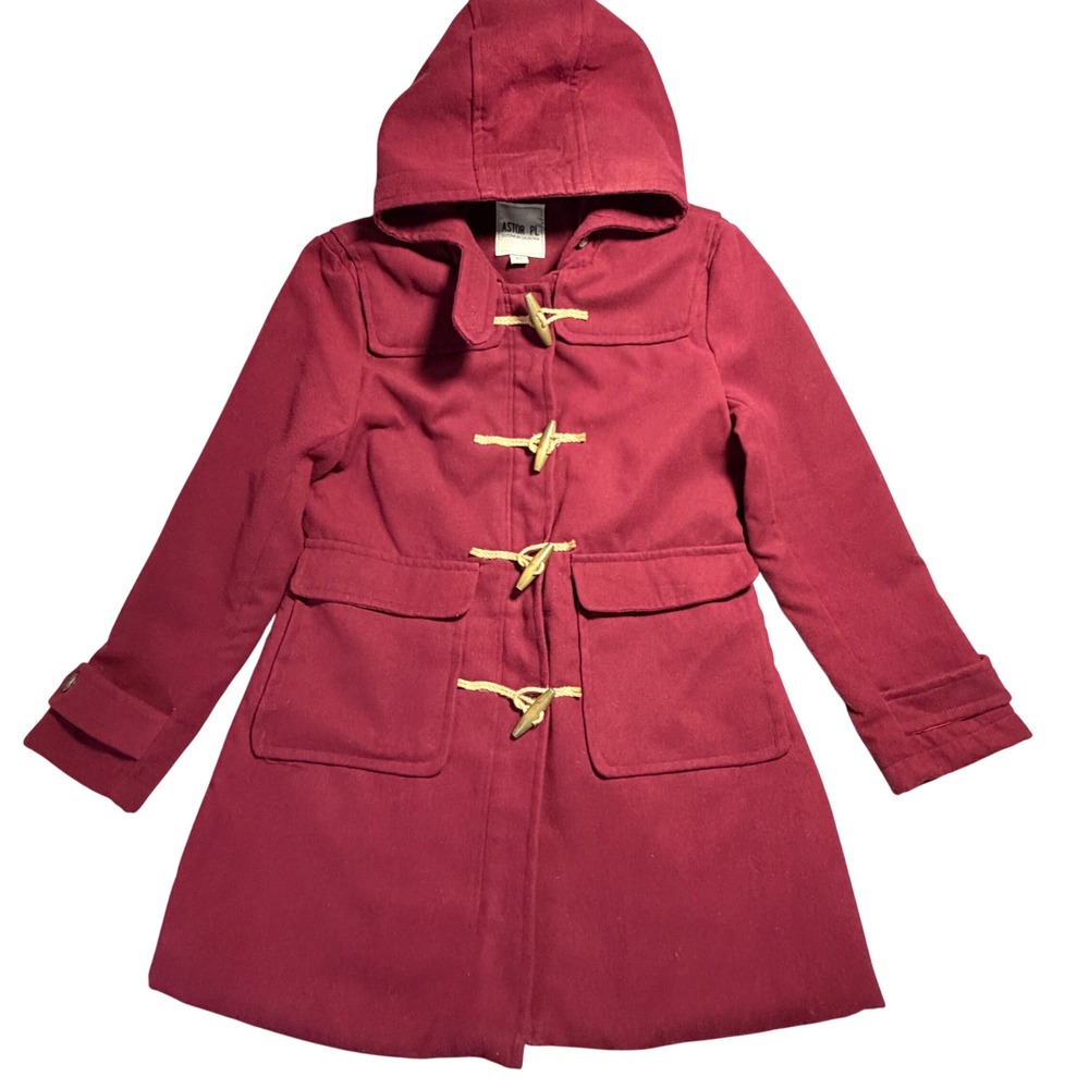 Womens Burgundy Red Hooded Duffle Coat Toggle Zip Front Jacket XL Cabincore Barn